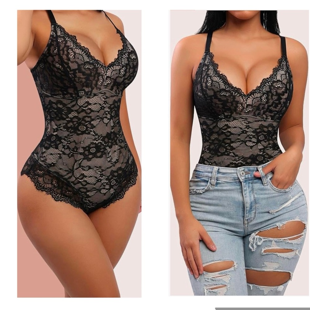 Lace Plunge Bodysuit - Black